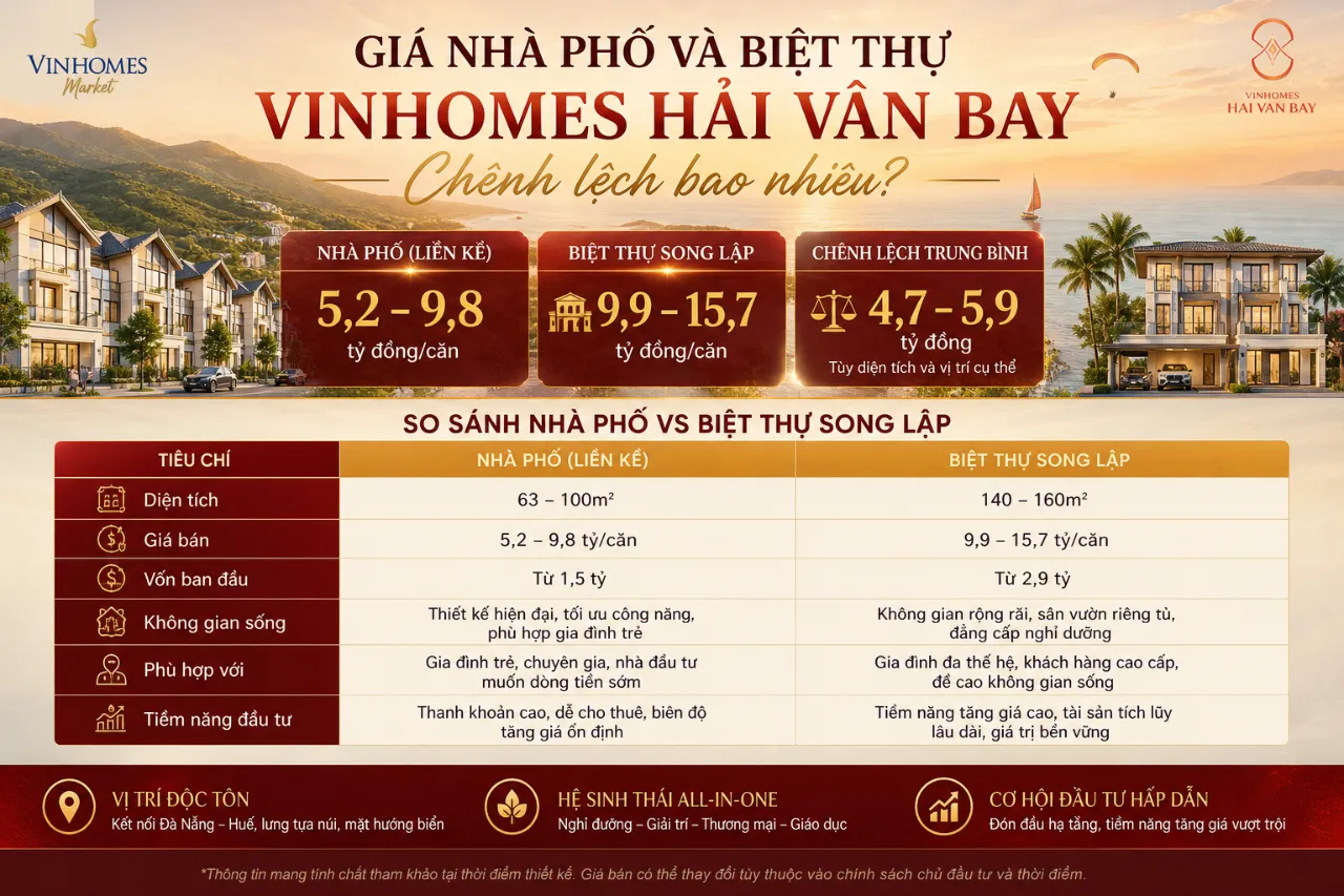 Giá Nhà Phố Và Biệt Thự Vinhomes Hải Vân Bay Chênh Lệch Bao Nhiêu?